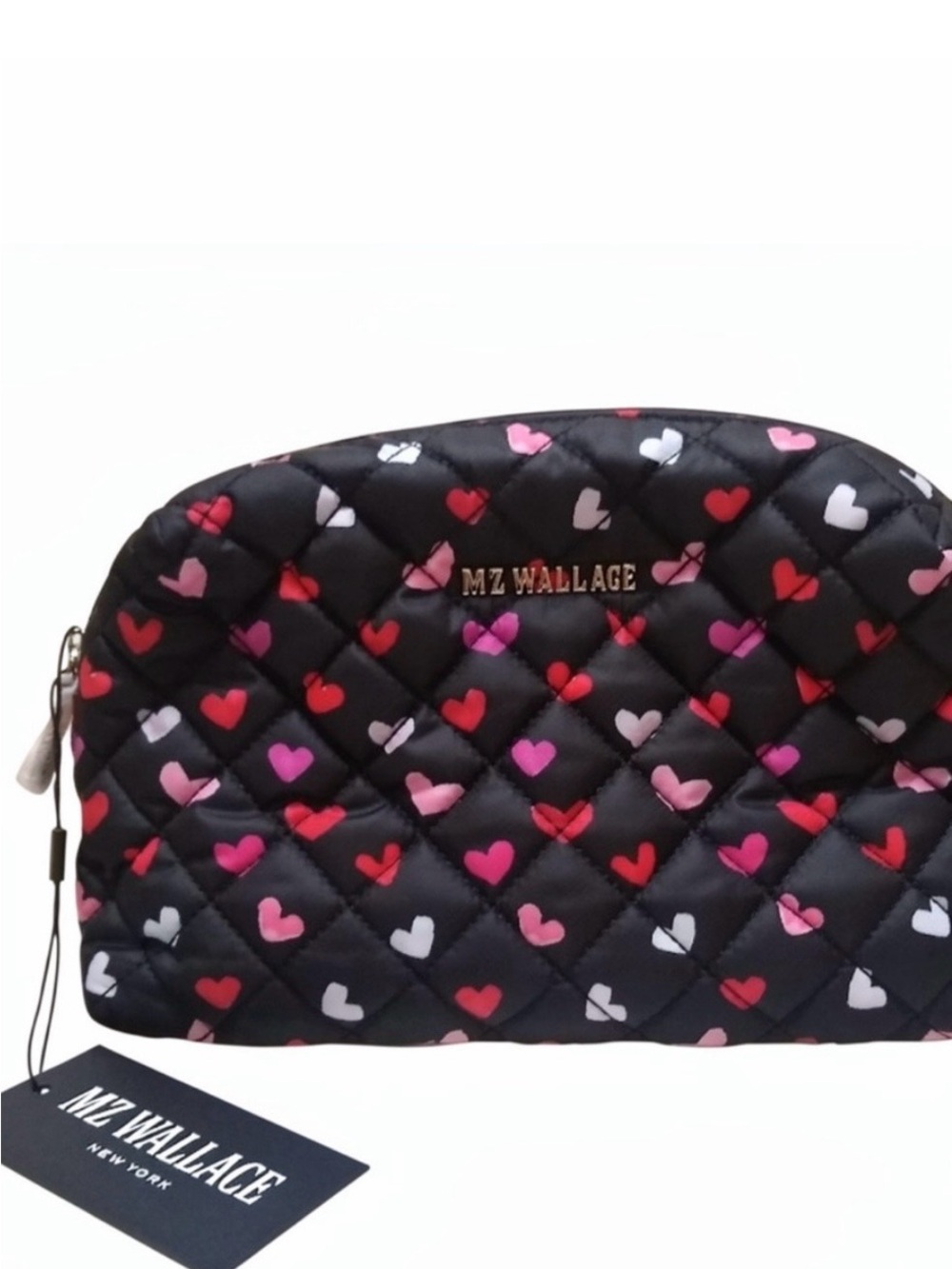 MZ Wallace Black Quilted Cosmetic Pouch with Pink Red and White Hearts